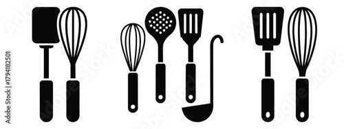 kitchen utensil minimal flat icon set, black color and white background