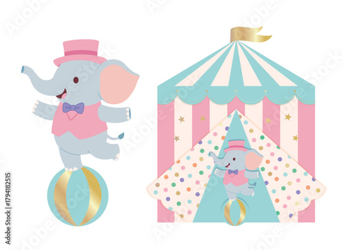 Cute circus elephant performing with pastel carnival tent