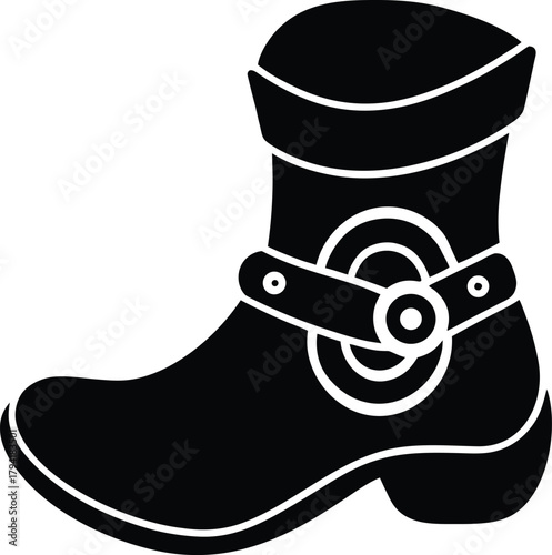 Black silhouette of a curled toe leprechaun boot with buckle detail on white background