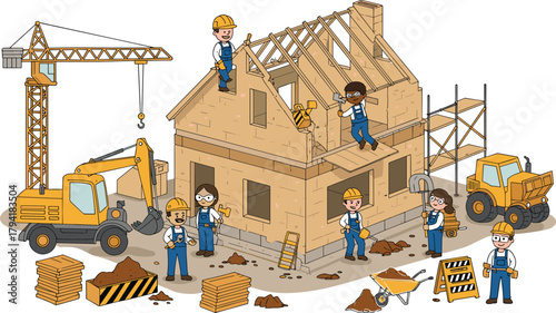 Cartoon construction workers building house, teamwork on site, wooden frame structure, heavy machinery, safety gear, labor activity, scaffolding setup, home development, engineering process, tools