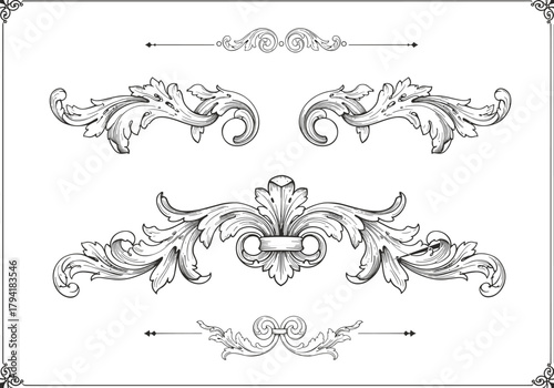 Cartoon decorative flourishes, ornate scroll design, vintage embellishment vector, classical leaf motif, elegant frame artwork, child-friendly style, invitation element, certificate border