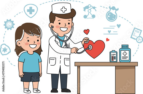 Cartoon doctor examining heart, child smiling, healthcare concept, medical checkup, pediatric care, stethoscope, medicine bottles, health icons, friendly hospital scene, wellness illustration