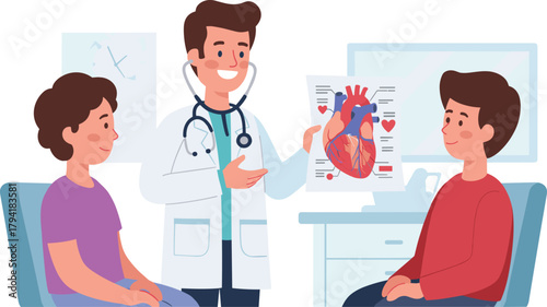 Cartoon doctor explaining heart diagram, medical consultation, patient education, healthcare scene, anatomy discussion, cardiovascular health, clinical setting, wellness advice, cartoon hospital