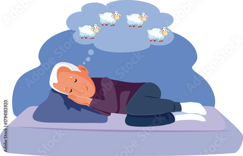 Tired Old Man Sleeping Dreaming of Sheep Vector Illustration. Happy senior grandpa falling asleep on the sofa 
