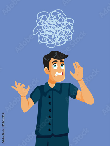 Man Feeling Stressed and Unhappy Vector Concept Illustration. Person feeling tangled in his own thoughts trying to find equilibrium 