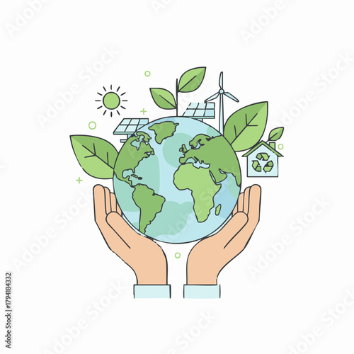 Eco & Sustainability Theme
Flat-vector eco-friendly illustration with green leaves, globe, solar energy icons, hands holding earth, clean minimal shapes, modern pastel/green palette — strong long-term