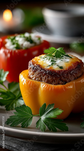 Gourmet stuffed bell peppers with meat, cheese, and rice.