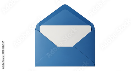 An open blue envelope with a white card inside, isolated on transparent background