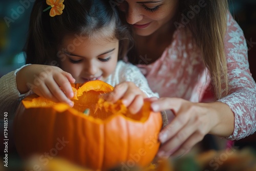 A young girl in a white dress is carving a pumpkin in a dimly lit room with a yellow flower on her head.