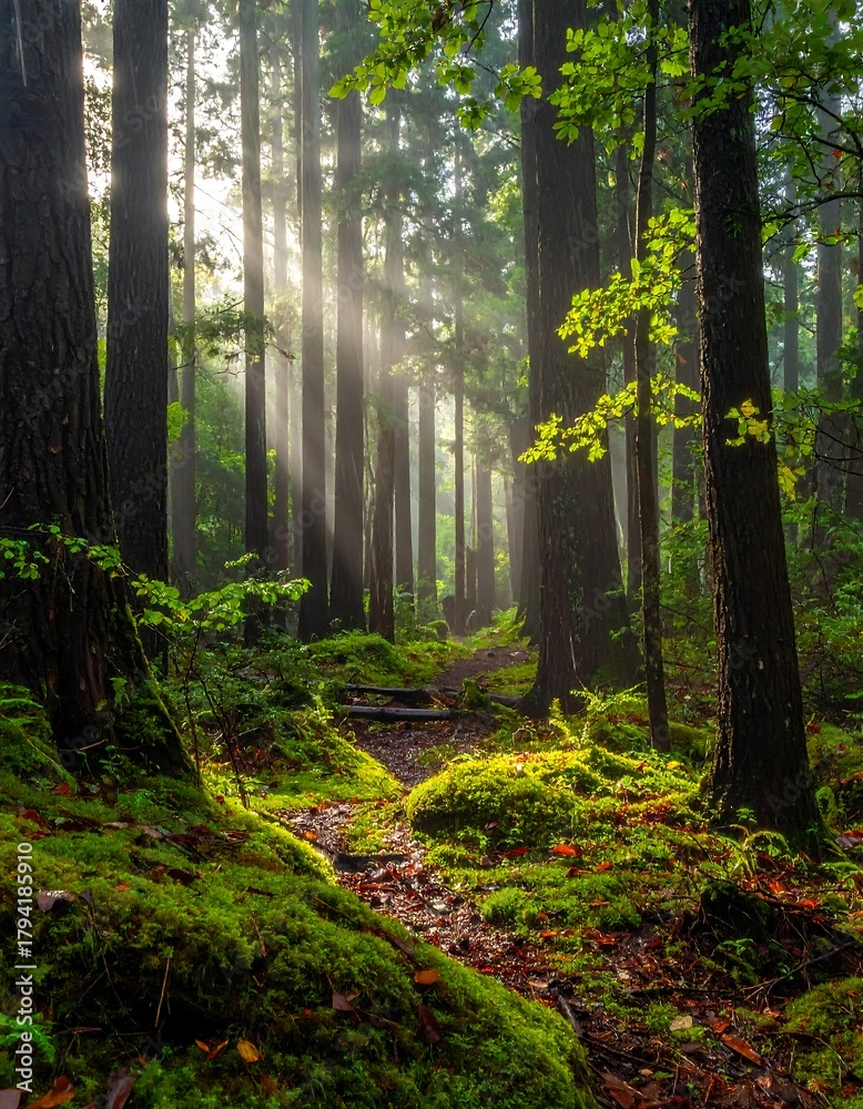 Obraz premium Sun rays stream through a dense forest, illuminating a mossy trail. Tall trees line the path, with vibrant greenery and a misty atmosphere