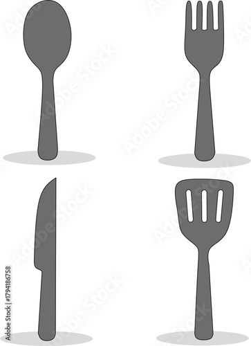 various pictures of kitchen utensils, spoons, knives, frying pans