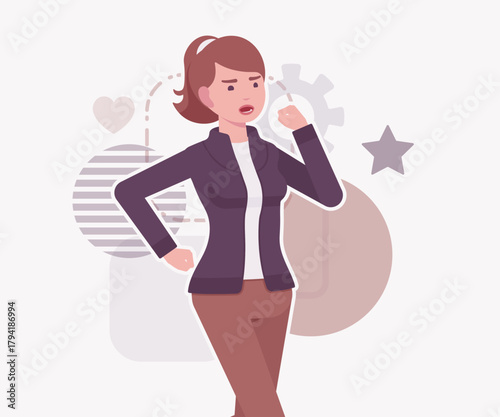 Attractive active beautiful girl young adult woman, running fast pose. Female model, ponytail hairstyle, activewear jacket, pants, vector flat style cartoon illustration, modern creative background
