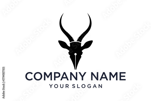 Gazelle Antelope Head Logo with Fountain Pen Nib, Creative Writing and Animal Symbol