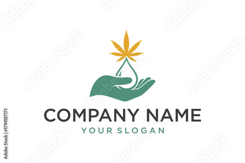 Cannabis CBD Hemp Oil Logo Design featuring Hand, Water Drop, and Leaf Symbol for Natural Wellness Brand