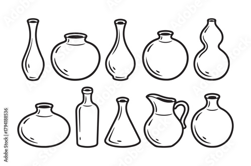 A collection of various antique ceramic vases and jugs sketched in black and white