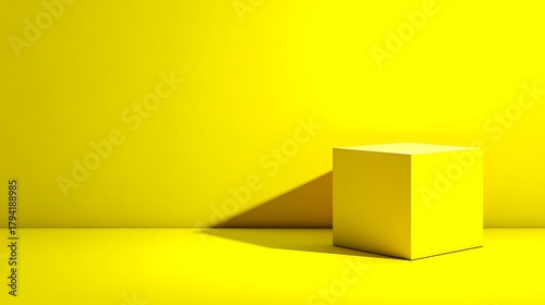 Bright yellow ultra-minimal background with single geometric cube casting long soft shadow forming a clean modern layout for corporate presentation, product marketing, and analytics template