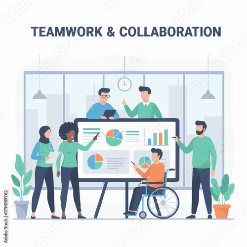 Teamwork & Collaboration Concept
Flat-vector illustration of a diverse team working together around a large tablet or whiteboard, charts and diagrams on screen, modern office setting, clean corporate 