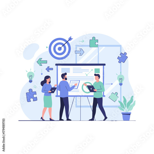 Corporate Goal & Strategy Planning
Flat-vector people creating strategy with target icon, arrows, puzzle pieces, lightbulb ideas, minimal clean business design, pastel or corporate blues, modern scene