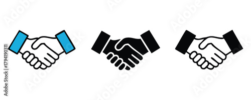 Handshake Icon Set (Color, Solid, Outline), Agreement and Partnership Symbols, Business Deal or Greeting Vector Icons, Multiple Handshake Graphics