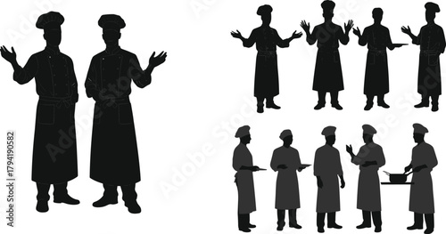 Professional chefs silhouette vector illustration, culinary teamwork concept, restaurant staff cooking, kitchen workers in uniform, gastronomy art design for food industry and hospitality visuals