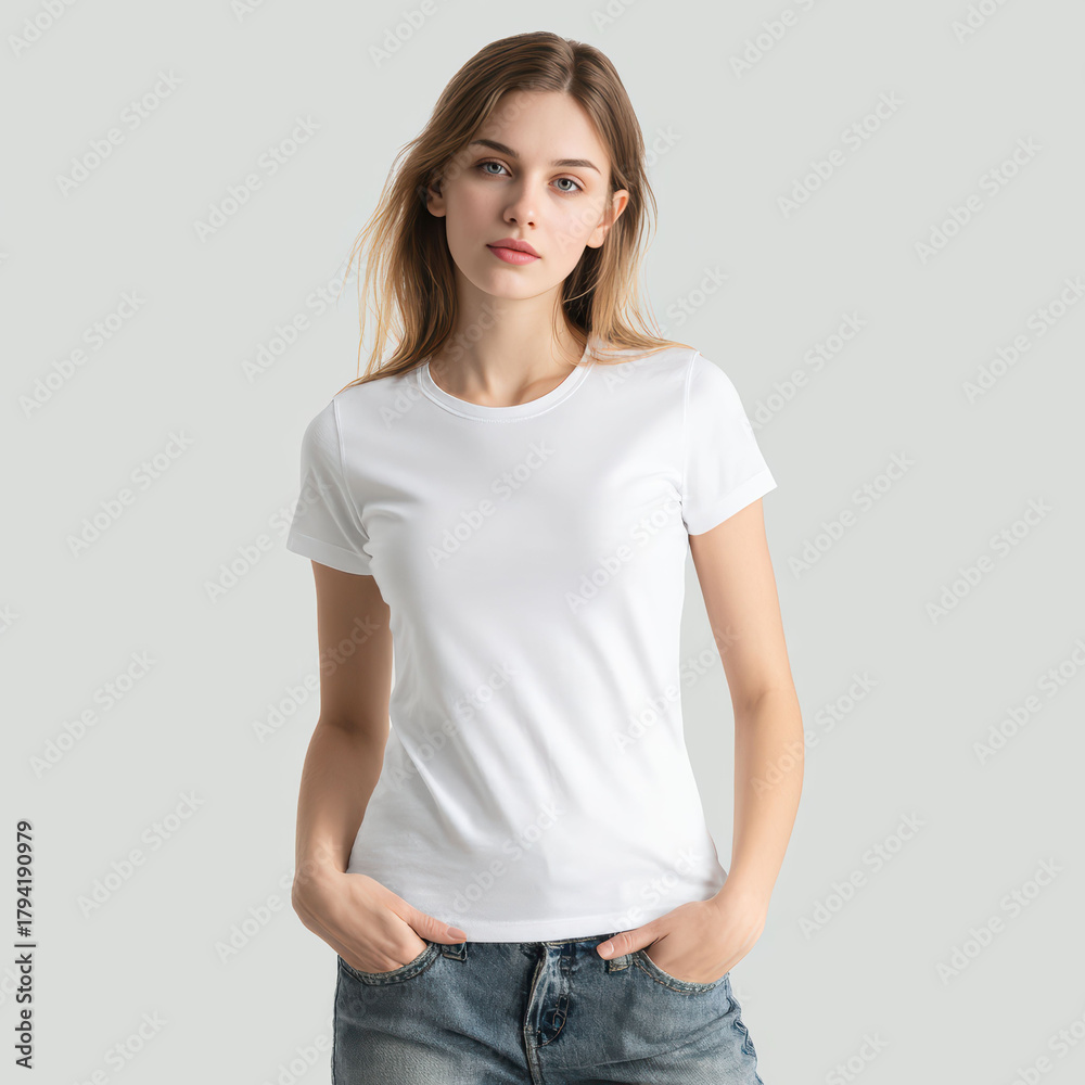 Obraz premium Caucasian woman in white t-shirt posing casually against white background, symbolizing simplicity, elegance modern lifestyle. Perfect for fashion advertising themes.