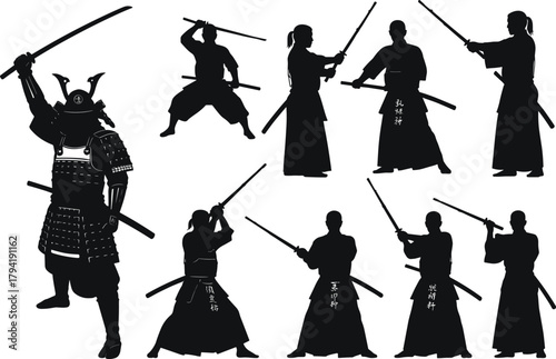 Samurai warrior and kendo fighters practicing sword techniques, traditional Japanese martial arts silhouette illustration, discipline, strength, culture, heritage, 