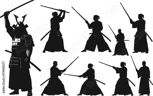 Samurai warriors practicing kendo and katana sword techniques, martial arts combat silhouettes, Japanese traditional fighters training in defensive and offensive stances, vector illustration