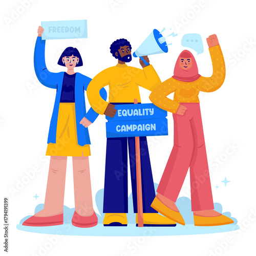 Diverse People Joining Equality and Freedom of Speech Campaign Vector Illustration