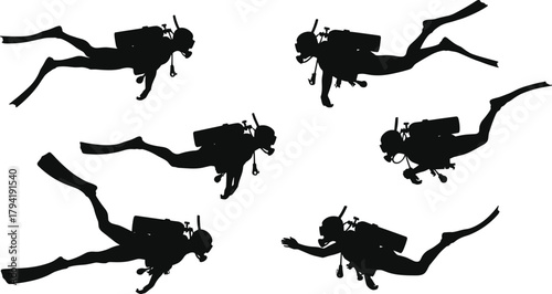 Scuba divers underwater silhouette collection, deep sea diving vector illustration, ocean exploration, marine life adventure, underwater activity, snorkeling, and aquatic sports design