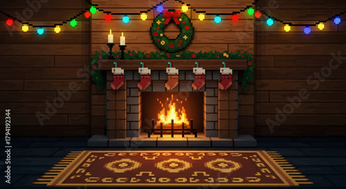 Cozy pixelated fireplace decorated for holiday season with festive lights