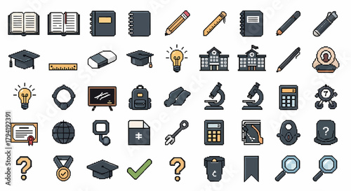 Set of educational icons 8 bit style