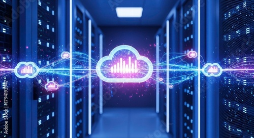 Digital Symphony: A vibrant visualization of a server room, with data seamlessly flowing across a network, emphasizing the concept of cloud computing and data storage