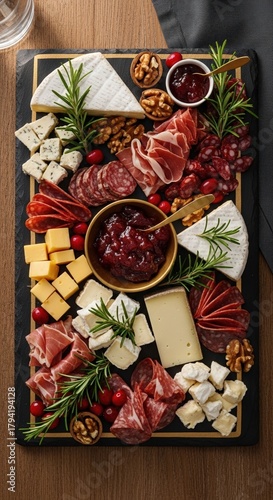 An elegant charcuterie board with a variety of cheeses, cured meats, jams, and nuts on a slate platter.