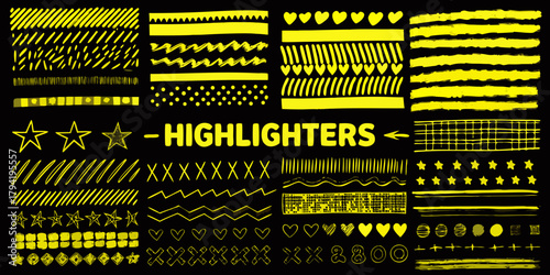 Collection of yellow hand drawn highlighter doodles and graphic elements on black background