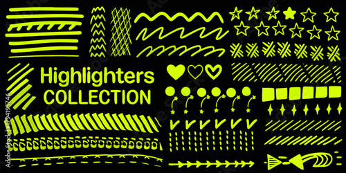 Collection of bright yellow highlighter pen strokes and shapes on a black background