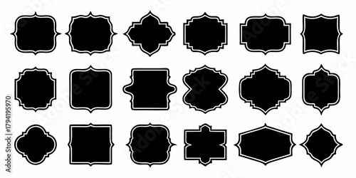 Collection of decorative black and white ornate frames and labels for design elements