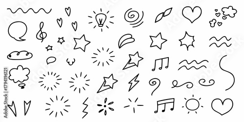 Collection of hand drawn doodle elements including stars hearts lightbulb music notes clouds and speech bubbles