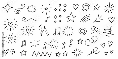 Collection of hand drawn doodle elements including stars hearts music notes swirls and sparkles