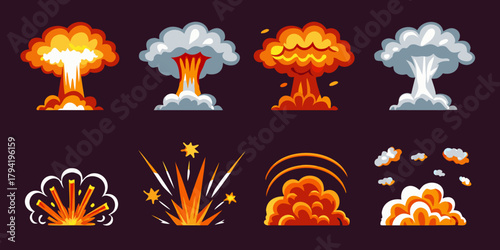 Collection of stylized cartoon explosion and mushroom cloud illustrations with vibrant colors