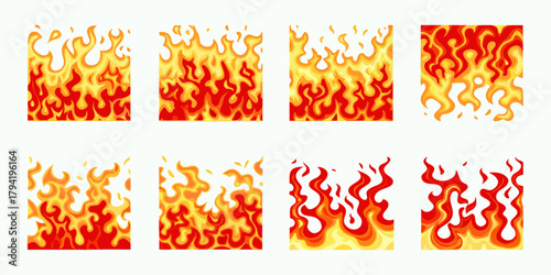Collection of stylized flame and fire elements in various shapes and sizes for graphic design