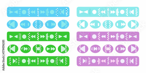 Collection of playback control icons and buttons in various colors and styles