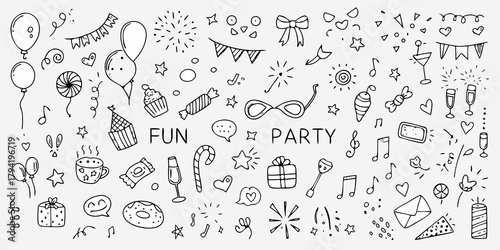 Collection of hand drawn party elements and decorations with fun party text