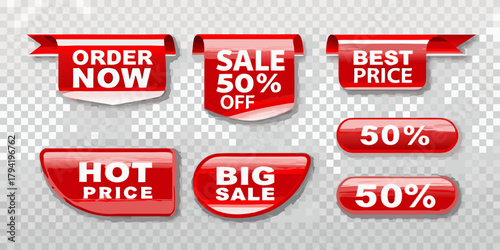 Collection of red sale tags and banners with text like order now sale 50 off best price hot price big sale