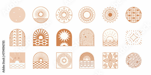 Collection of boho abstract geometric sun and nature icons in terracotta colors