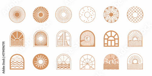 Collection of boho arched windows and circular sunburst designs in warm earth tones