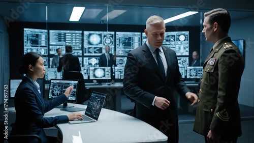 Inside room, people converse at a desk with computer displays and monitors