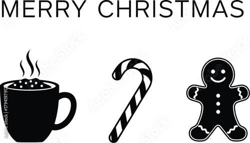 Christmas gingerbread man, candy cane, and hot chocolate silhouette