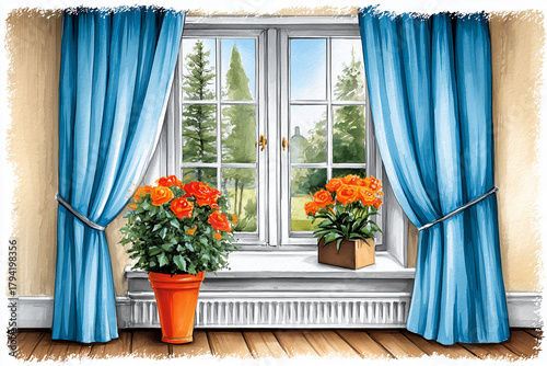 A window with blue curtains and a potted plant with orange flowers. The curtains are drawn, and the window is open, letting in the sunlight. Concept of warmth and tranquility, as the flowers