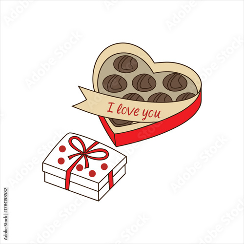 Heart Shaped Chocolate Box with I Love You Message and Gift Illustration