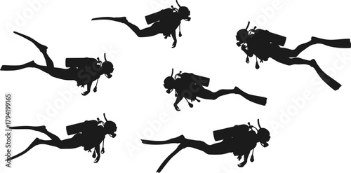 Scuba divers underwater silhouette vector illustration, deep sea diving adventure, marine life exploration, ocean sport activity, snorkeling and underwater exploration design for digital art